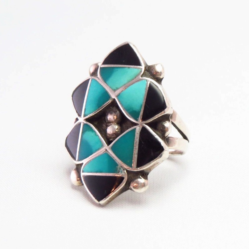 Vintage Zuni Turquoise & Jet Inlay Silver Ring  c.1960