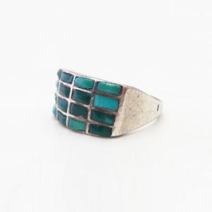 Vtg Zuni Turquoise Inlay Rectangular Face Men's Ring c.1945～