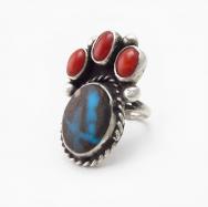 Vtg Navajo Bisbee Turquoise & Coral Ring in Silver c.1970～