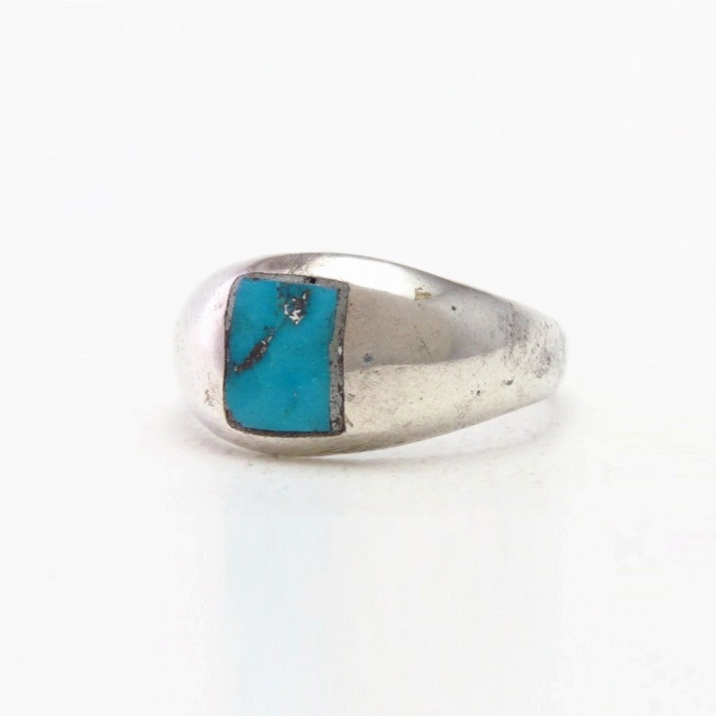 Vtg Navajo Sq. Turquoise Inlay Cast Silver Dome Ring c.1965～