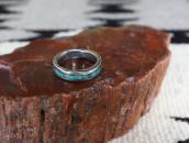 Vtg Zuni Turquoise Inlay Stamped Edge Silver Ring c.1960～