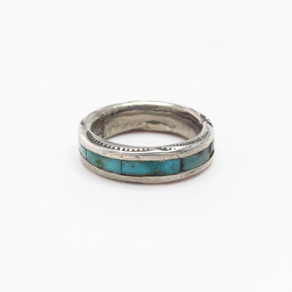 Vtg Zuni Turquoise Inlay Stamped Edge Silver Ring c.1960～