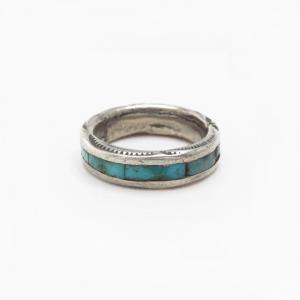 Vtg Zuni Turquoise Inlay Stamped Edge Silver Ring c.1960～