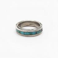 Vtg Zuni Turquoise Inlay Stamped Edge Silver Ring c.1960～