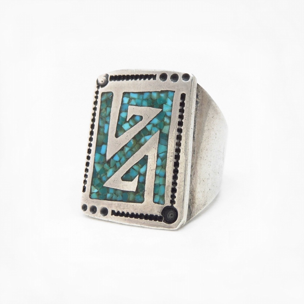 【Tommy Singer】Navajo Turquoise Chip Inlay Silver Ring c.1970