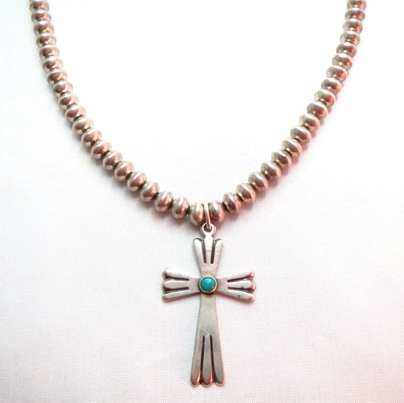 Vintage Fine Silver Beads Necklace w/Cross Fob