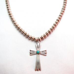 Vintage Fine Silver Beads Necklace w/Cross Fob