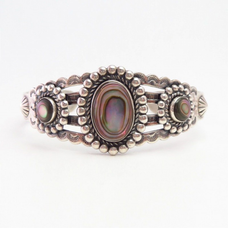 Vintage 【BELL】Stamped Silver Cuff w/Mother of Pearl c.1950～