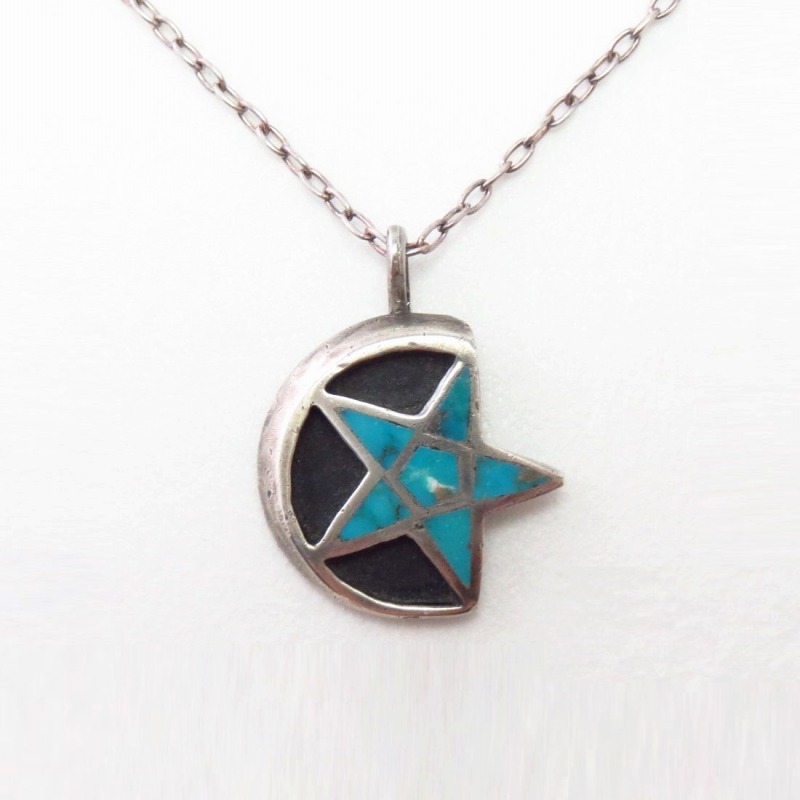 Vtg Zuni Star & Moon Turquoise Inlay Fob Necklace  c.1950～