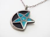 Vtg Zuni Star & Moon Turquoise Inlay Fob Necklace  c.1950～