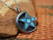 Vtg Zuni Star & Moon Turquoise Inlay Fob Necklace  c.1950～