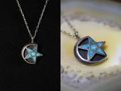 Vtg Zuni Star & Moon Turquoise Inlay Fob Necklace  c.1950～