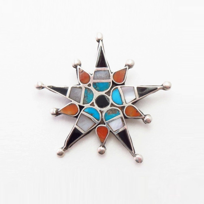 Vintage Zuni Multi-Stone Inlay Burst Star Pin Brooch c.1950～