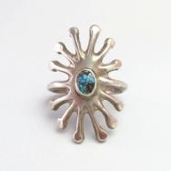 Vintage Navajo Burst Shape Cast Silver Ring w/Gem TQ c.1950～