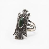 Atq Navajo T-bird Face Silver Ring w/Green Turquoise c.1930～