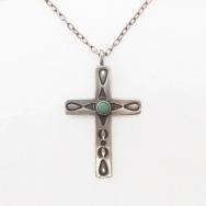 Vtg Silver Small Cross w/Green Turquois Fob Necklace c.1940～