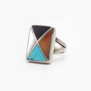 Vtg Zuni Multi-Stone Inlay Cross Design Silver Ring c.1960～
