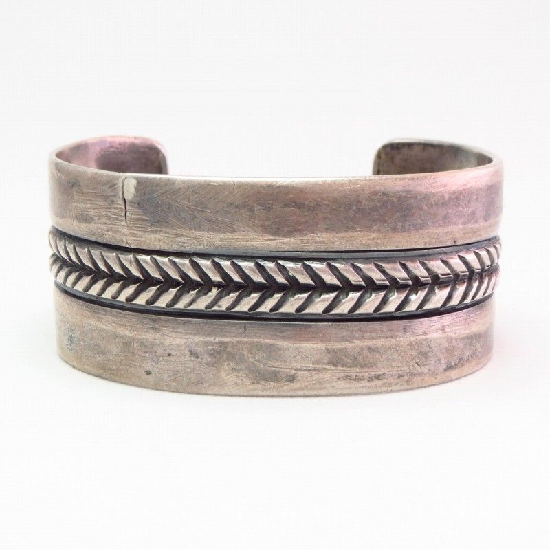 Vintage Stamp & Filed Ingot Silver Wide Cuff Bracelet c.1940