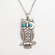 OLDPAWN Zuni Cast Silver Owl Fob Necklace w/TQ  c.1970