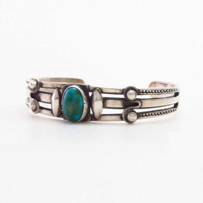 Vtg Navajo Arrows Stamped Cuff w/Blue Gem Turquoise c.1945～