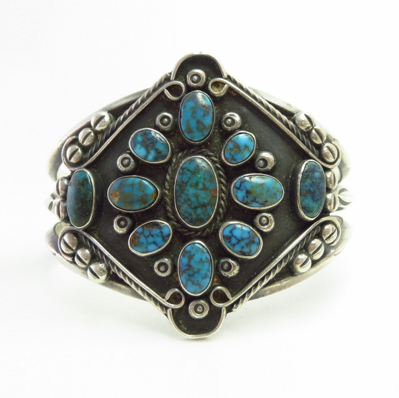 Vtg Navajo Gem Turquoise Cluster Wide Cuff Bracelet  c.1940～