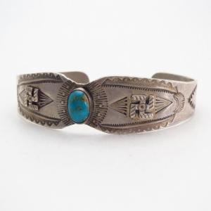 Antique 卍 Applique Coin Silver Cuff Bracelet w/TQ  c.1930