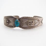 Antique 卍 Applique Coin Silver Cuff Bracelet w/TQ  c.1930