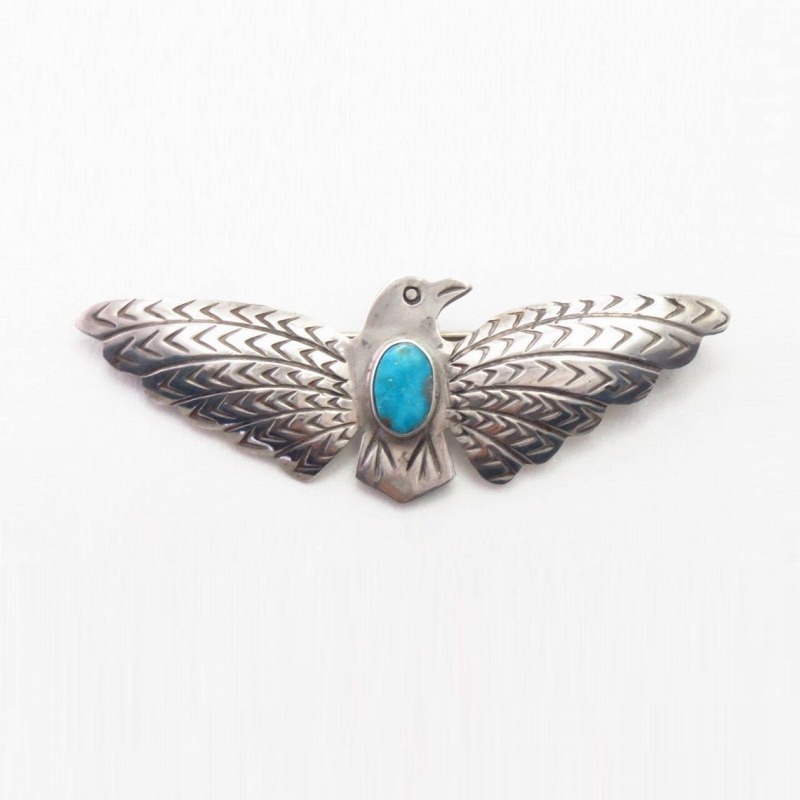 Antique Navajo Tunderbird Shaped Pin w/Gem Turquoise c.1930～