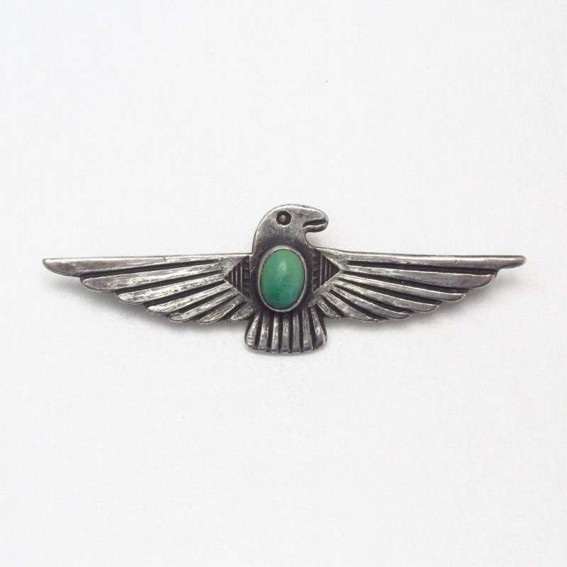 Atq Stamped Thunderbird Shape Silver Pin w/Green TQ  c.1930～