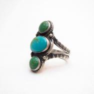 Antique 3 Turquoise Row Small Stamped Silver Ring  c.1940