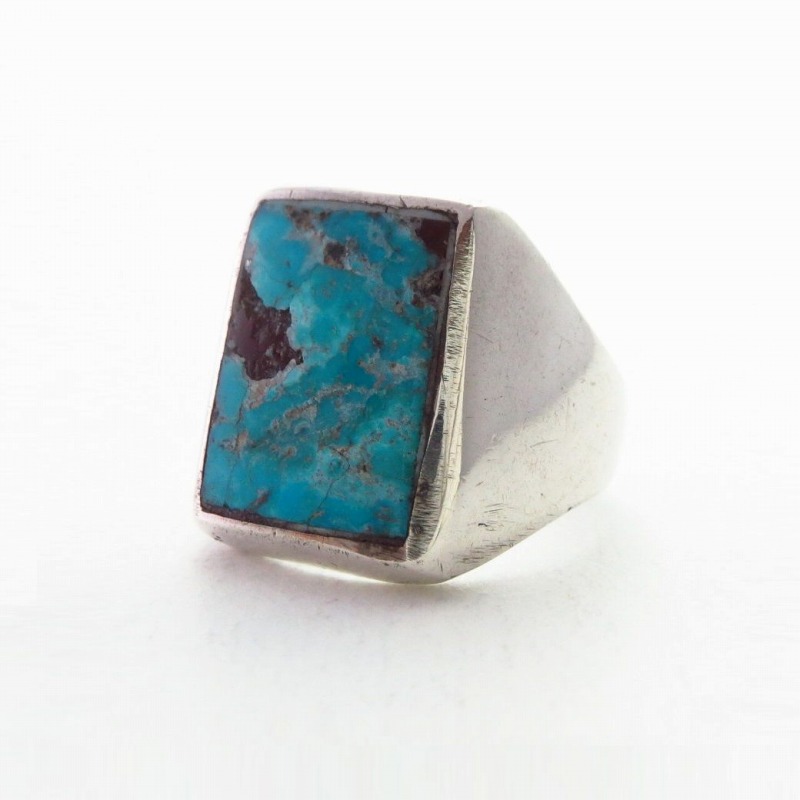 Vintage Navajo Turquoise Inlay Cast Silver Mens Ring c.1965～