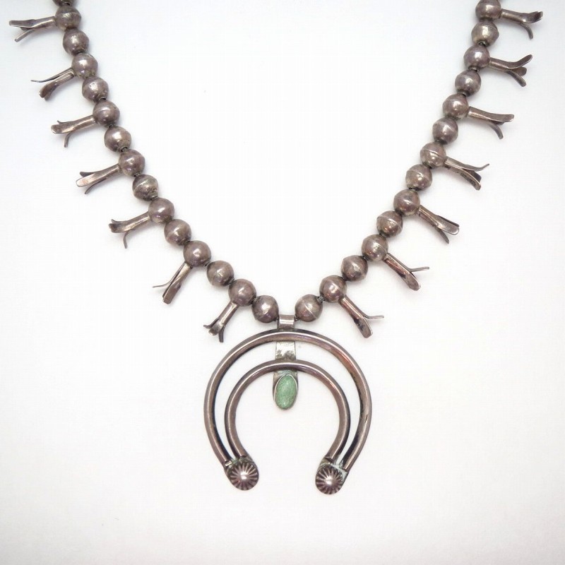 Atq Navajo Small Squash Blossom Naja Necklace w/TQ  c.1940