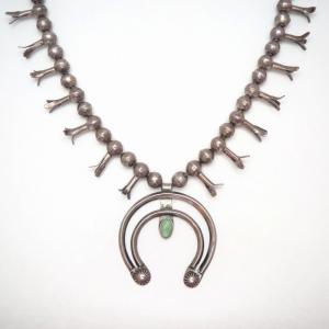Atq Navajo Small Squash Blossom Naja Necklace w/TQ  c.1940