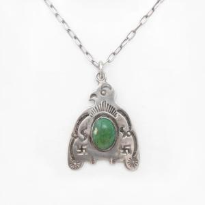 Atq Navajo 卍 Stamped T-bird Fob w/Turquoise Necklace  c.1930