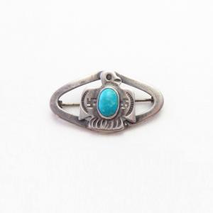 Atq 卍 Stamped T-bird Applique Small Pin w/Turquoise  c.1930