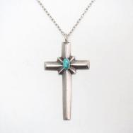 Vintage Navajo Casted Silver Cross Fob w/TQ Necklace c.1955～
