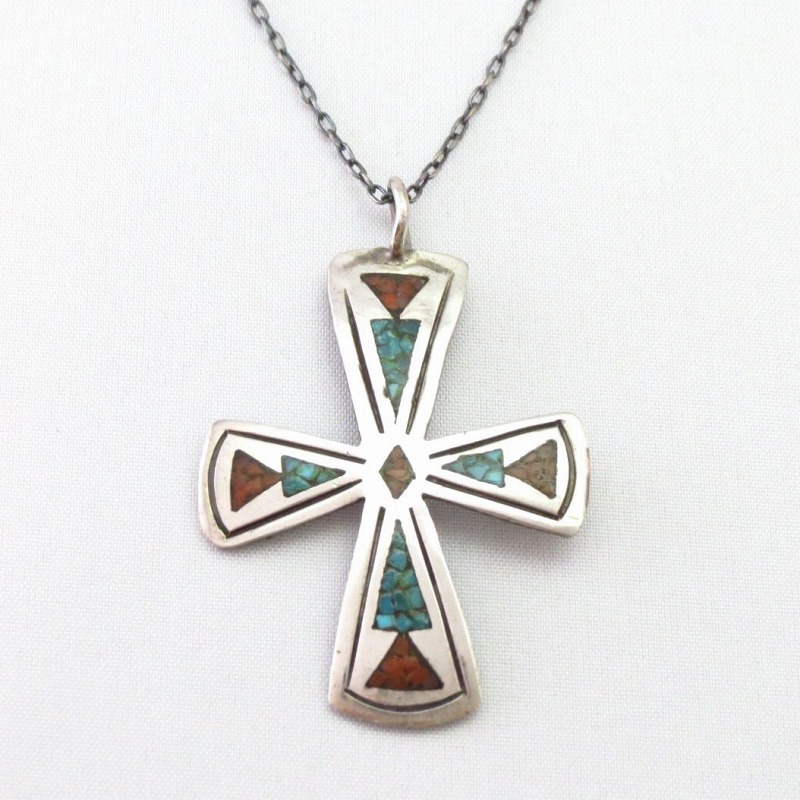 Old Navajo Chip Inlay Iron Cross Fob Silver Necklace c.1975～