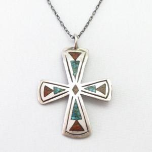 Old Navajo Chip Inlay Iron Cross Fob Silver Necklace c.1975～