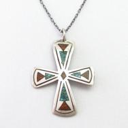 Old Navajo Chip Inlay Iron Cross Fob Silver Necklace c.1975～