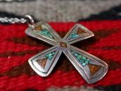 Old Navajo Chip Inlay Iron Cross Fob Silver Necklace c.1975～