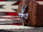 Old Navajo Chip Inlay Iron Cross Fob Silver Necklace c.1975～