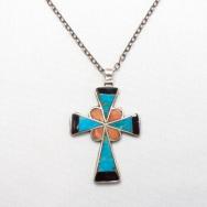 Vintage Zuni Channel Inlay Cross Fob Silver Necklace  c.1950