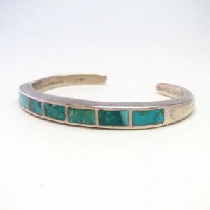Vtg Zuni Green Turquoise Inlay Narrow Cuff Bracelet  c.1960