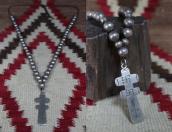 Atq Pueblo Silver Beads Necklace w/Dragonfiy Cross c.1925～