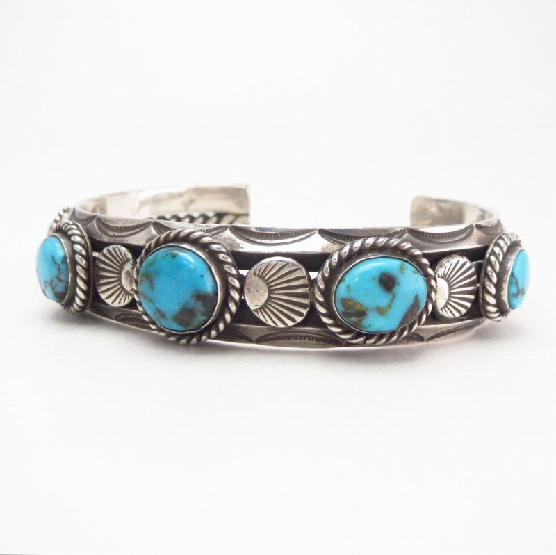 【UITA22】 Vtg Navajo Five Turquoise Row Cuff Bracelet c.1945～