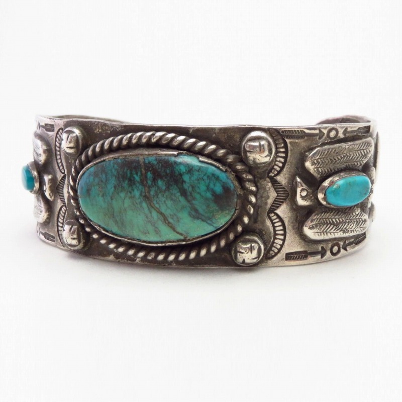 Atq 卍 & T-bird Repoused Coin Silver Cuff w/Turquoise c.1920～