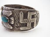 Atq 卍 & T-bird Repoused Coin Silver Cuff w/Turquoise c.1920～