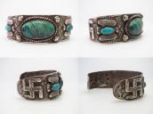 Atq 卍 & T-bird Repoused Coin Silver Cuff w/Turquoise c.1920～