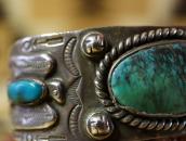 Atq 卍 & T-bird Repoused Coin Silver Cuff w/Turquoise c.1920～