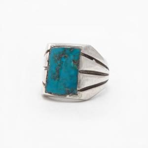 Vintage Navajo Turquoise Inlay Cast Silver Mens Ring c.1965～
